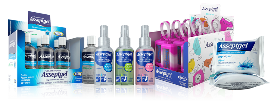 Foto de vários produtos para uso pessoal da marca Asseptgel, entre álcool em gel, lenços e spray. 