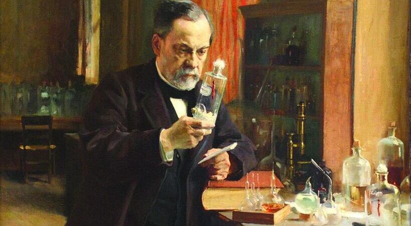 Retrato antigo em cores de Louis Pasteur em seu laboratório.
