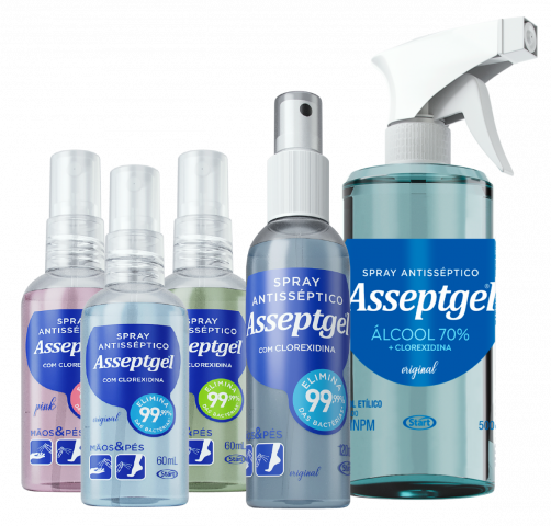 Embalagens de diferentes tamanhos e formatos da Asseptgel Spray.