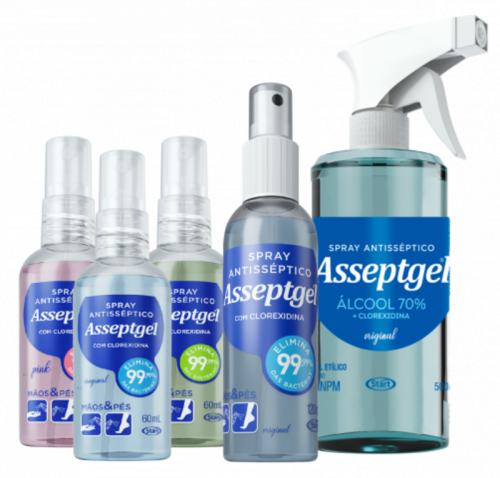 Embalagens de diferentes tamanhos e formatos da Asseptgel Spray.